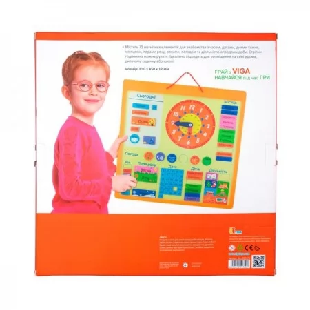 Магнитный календарь Viga Toys с часами на украинском языке 50377U
