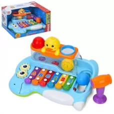 Игра D242-D243. ксилофон-6 тонов, стучалка-молоток, 3 шарика, шестерни, 2 вида (собака, утка), в кор-ке, 32-19-25,5см