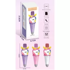 Микрофон W-011 единорог, акум, 21см, регулятор громкости, Bluetooth, свет, 3 цвета, USBзар, в коробке, 8,5-22-8см