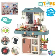 Кухня 889-351 45,5-22-в63см, плита, мойка-льющаяся вода(механич.), звук, свет, пара/дым, холодильник, посуда, продукты, доска для рисования, мел, губка, 55пред, на бат-ке, в коробке, 49,5-36-13см