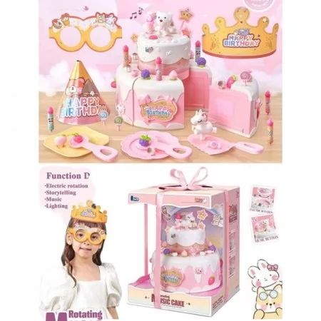 Продукты B16 Happy Birthday, торт, музыка, свет, вращающийся второй ярус, корона, колпак, очки, посуда, на бат-ке, в коробке, 24-30,5-23см