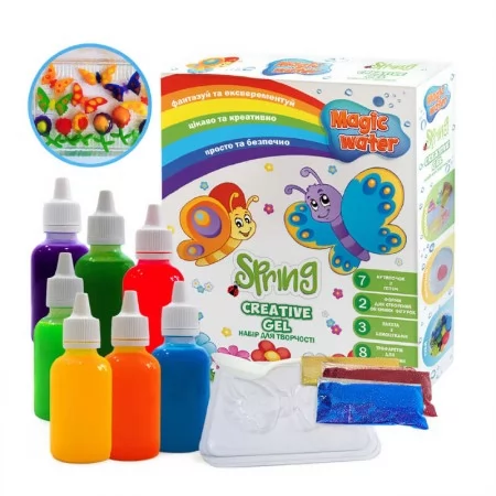 Набір для творчості "Magic water. Creative gel SPRING" MV6031-04 "Ludum", пакетик з порошком, 2 формочки, 3 види блискіток, 8 трафаретів, 7 різнокольорових гелів, в коробці