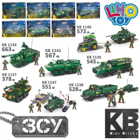 Конструктор KB 1127-34-35-38-40-41-47 військовий, транспорт, від 378 деталей, 7 видів (6видів з фігурками), 32-22-6см