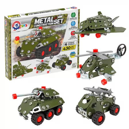 Конструктор металевий 9512 "Technok Toys", “Військова техніка”, 430 деталей, 4 моделі, середня довжина 10.5 см, рухомі елементи, набір ключів, викрутка, в коробці