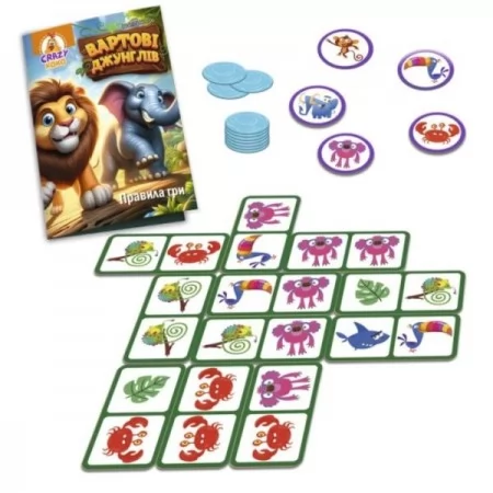 Гра настільна Vladi Toys розважальна. Вартові джунглів VT8055-47 27 x 6 x 20см
Кількість гравців: 2-4.
Тривалість гри: 10-15 хвилин.
Комплектація: 58 пліток (56 плиток, 2 стартові плитки), 10 жетонів води, 5 фішок з тваринами, правила гри.