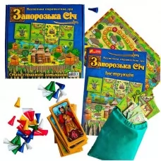  Настільна гра "Запорізька Січ" 12120089У "Ранок", 96 тайлів землі, 40 фішок-воїнів, 40 тайлів-персонажів, поле для підрахунку балів, правила, в коробці