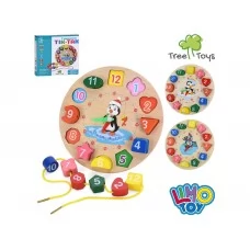 Деревянная развивающая игрушка 2 в1 MD 0766, часы, шнуровка, 3 вида