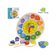 Деревянная игрушка 2 в 1 Часы-шнуровка MD 0767, фигуры-цифры, названия на английском