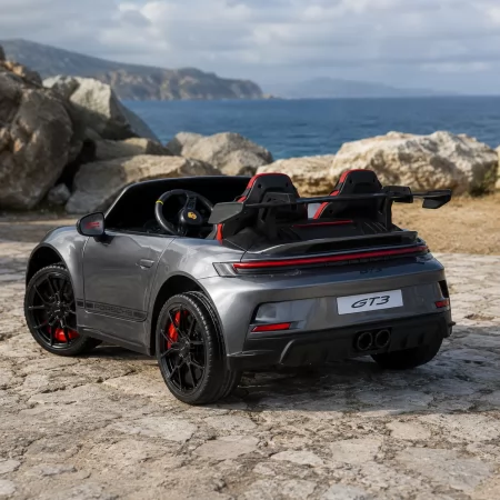 Детский электромобиль Porsche 911 GT3 RS M 6111(MP4)EBLRS-11 серый, двухместный, 2 мотора по 320W, MP4, Bluetooth, EVA, кожа, автопокраска