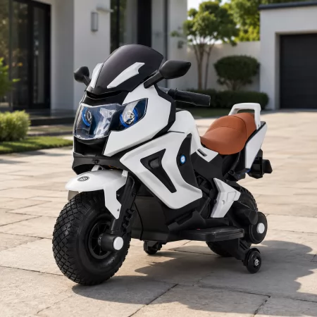 Детский мотоцикл BMW Bambi M 3681 AL-1, 2 мотора по 18W, резиновые колеса, USB, кожаное сиденье, черно-белый