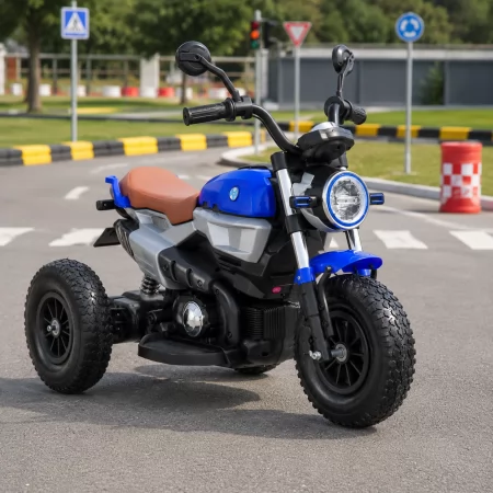 Детский мотоцикл BMW RnineT Scrambler Bambi M 3687 AL-4 синий, 2 мотора по 18W, надувные колеса, кожа, USB, MP3
