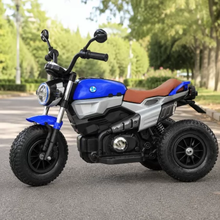 Детский мотоцикл BMW RnineT Scrambler Bambi M 3687 AL-4 синий, 2 мотора по 18W, надувные колеса, кожа, USB, MP3