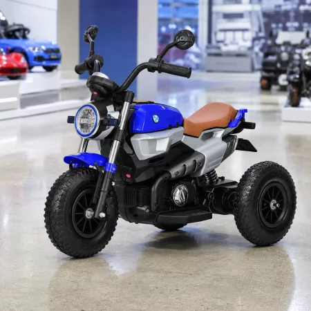 Детский мотоцикл BMW RnineT Scrambler Bambi M 3687 AL-4 синий, 2 мотора по 18W, надувные колеса, кожа, USB, MP3
