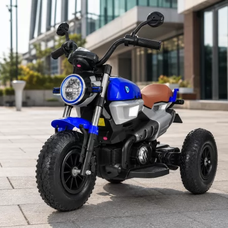 Детский мотоцикл BMW RnineT Scrambler Bambi M 3687 AL-4 синий, 2 мотора по 18W, надувные колеса, кожа, USB, MP3