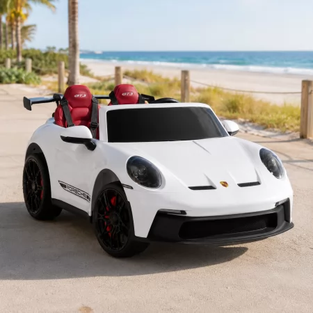 Двухместный детский электромобиль Porsche 911 GT3 RS M 6111(MP4)EBLR-1, 2 мотора по 320W, MP4, Bluetooth, EVA, кожа, белый