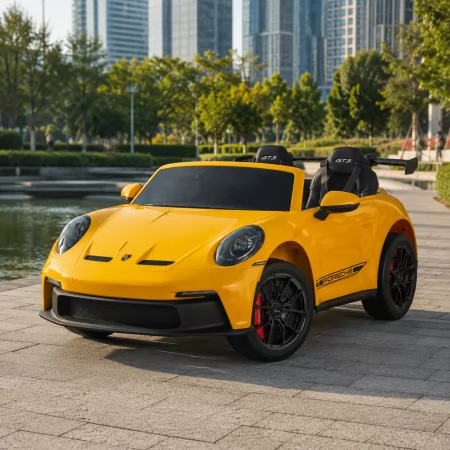 Двухместный детский электромобиль Porsche 911 GT3 RS M 6111AL-6, 2 мотора по 320W, надувные резиновые колеса, кожа, MP3, Bluetooth, желтый