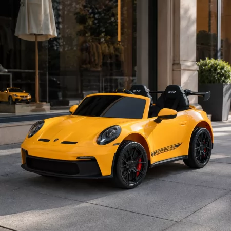 Двухместный детский электромобиль Porsche 911 GT3 RS M 6111EBLR-6, 2 мотора по 320W, EVA колеса, экокожа, MP3, Bluetooth, желтый